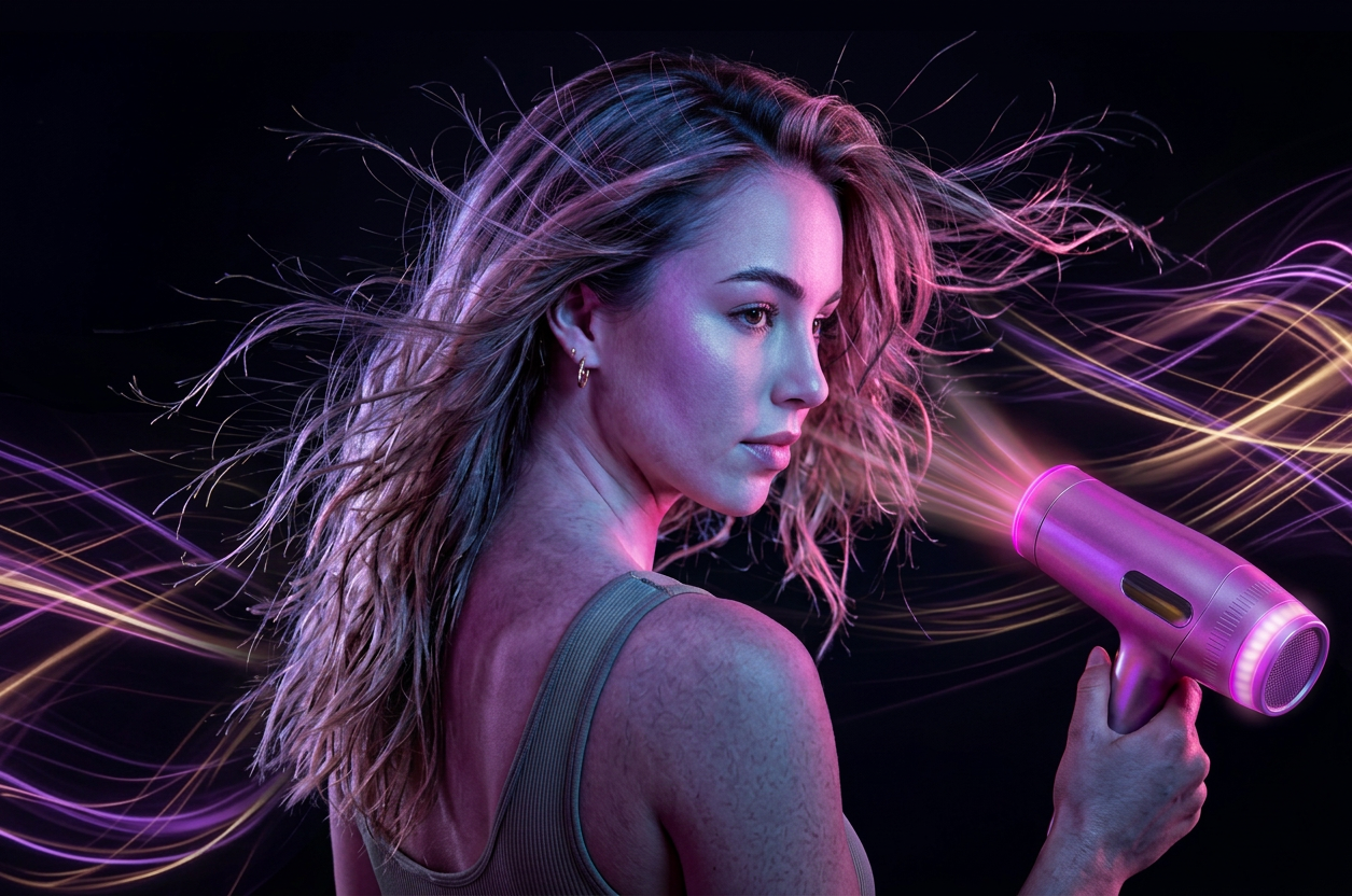 Woman with flowing hair holding Lumea hair dryer